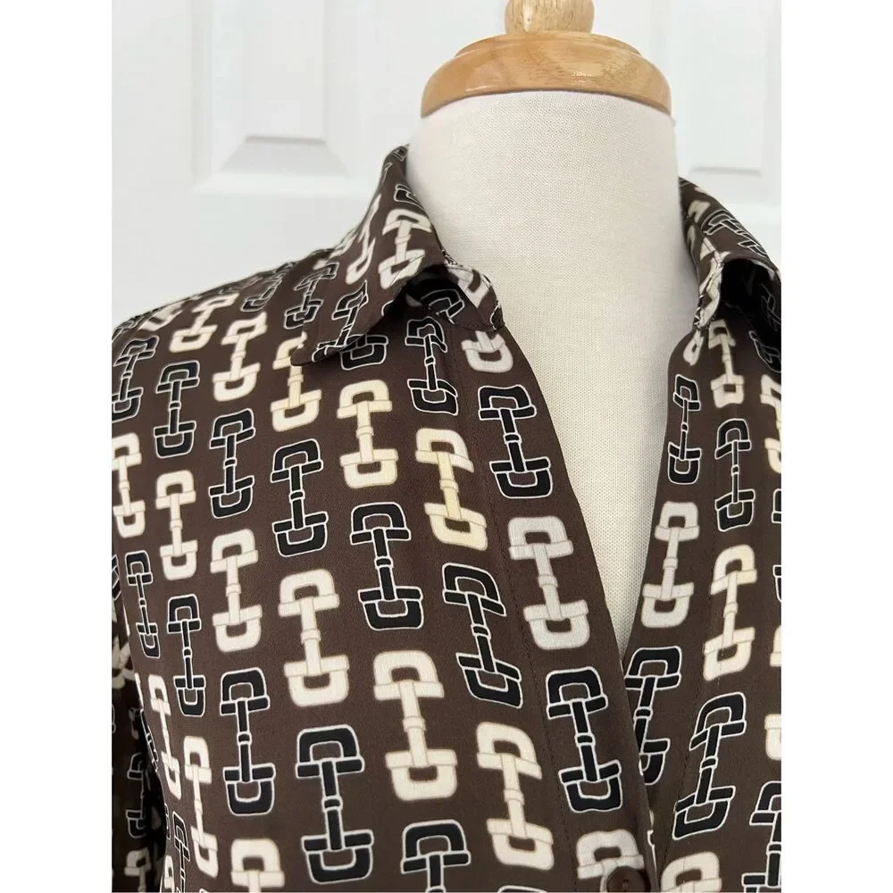 L'Agence Nina Horsebit Brown Ivory Buckle Print Button-Up Silk Blouse Size XS - Picture 2 of 9